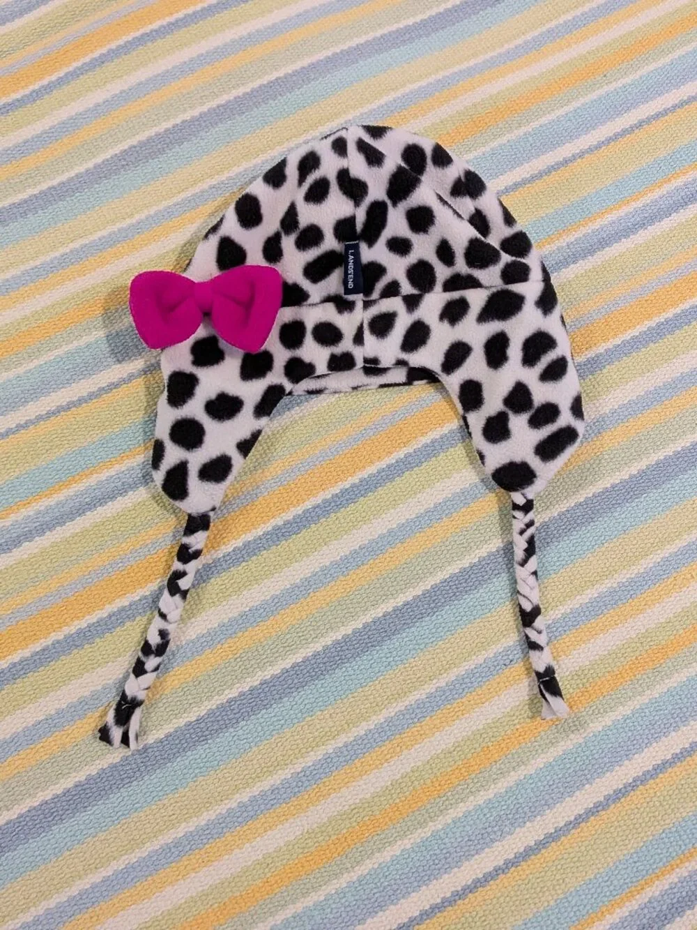 Girl's Lands End dalmatian / cow spotted fleece hat with magenta bow - Medium